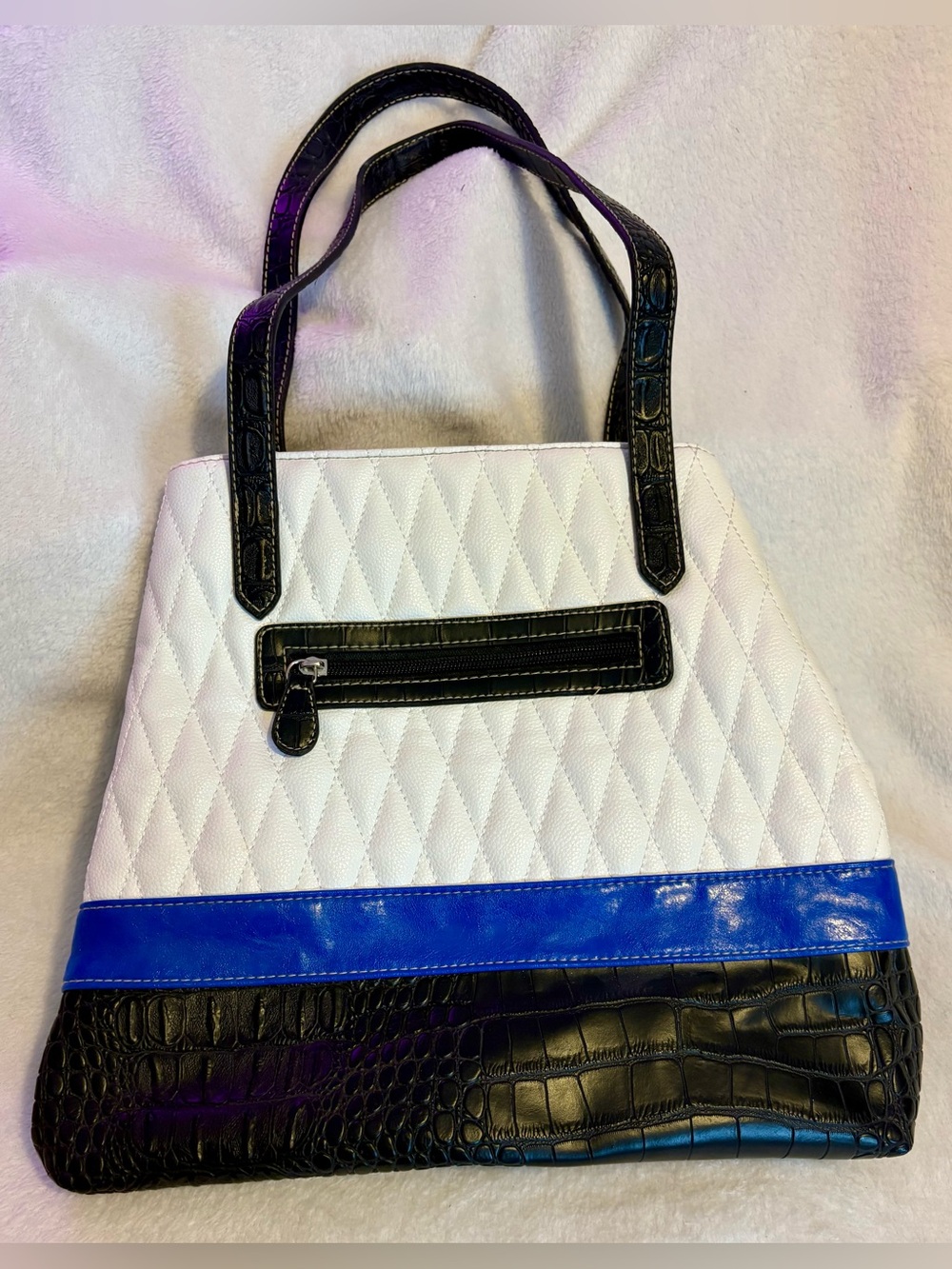 Emma James White Quilted Tote with Black Croc Trim and Blue Band - Picture 2 of 4